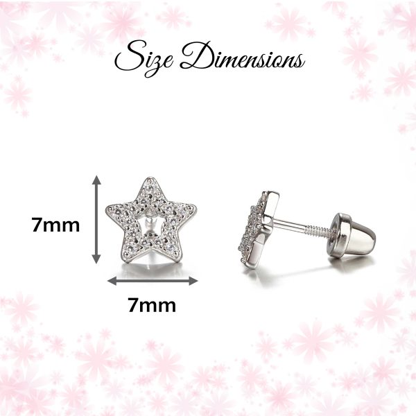 Sterling Silver Kid’s Hollow Star CZ Screw-Back Earrings