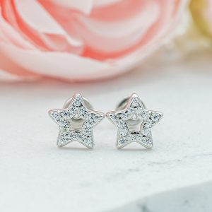 Sterling Silver Kid’s Hollow Star CZ Screw-Back Earrings