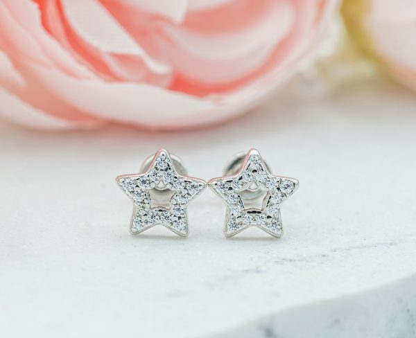Sterling Silver Kid’s Hollow Star CZ Screw-Back Earrings