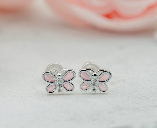 Kid’s Pink Butterfly Earrings with Cubic Zirconias