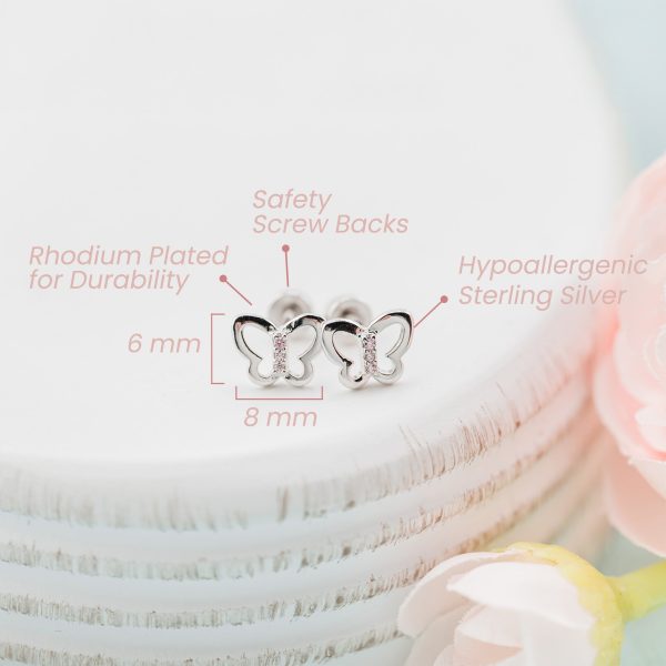 Kid’s Sterling Silver Pink or Rainbow Butterfly Earrings with Cubic Zirconias