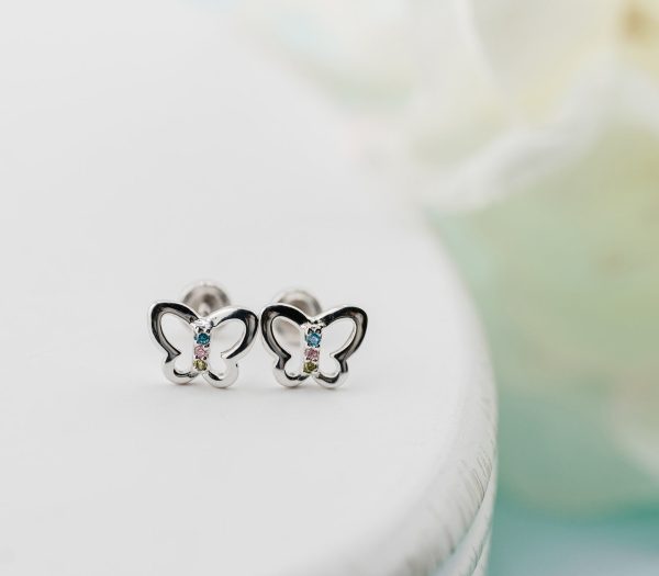 Kid’s Sterling Silver Pink or Rainbow Butterfly Earrings with Cubic Zirconias