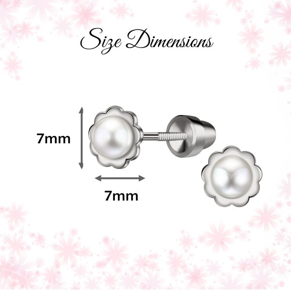 Sterling Silver Child’s Freshwater Pearl Screw Back Earrings with Scalloped Edge