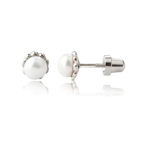 Sterling Silver Child’s Freshwater Pearl Screw Back Earrings with Scalloped Edge