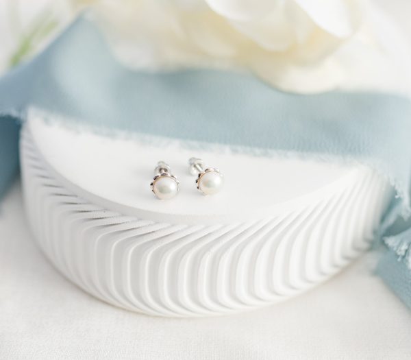 Sterling Silver Child’s Freshwater Pearl Screw Back Earrings with Scalloped Edge
