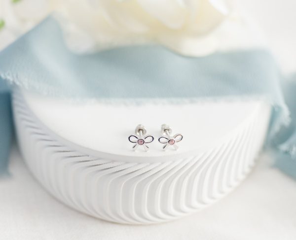 Sterling Silver Bow Earrings with Pink CZs and Screw Backs for Baby and Kids