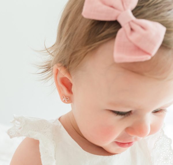 Sterling Silver Bow Earrings with Pink CZs and Screw Backs for Baby and Kids