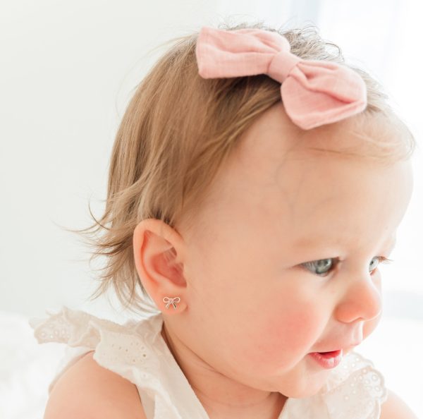 Sterling Silver Bow Earrings with Pink CZs and Screw Backs for Baby and Kids