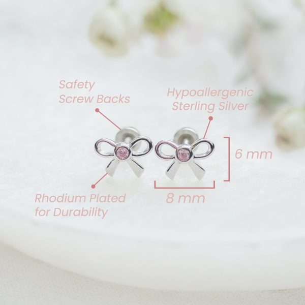 Sterling Silver Bow Earrings with Pink CZs and Screw Backs for Baby and Kids
