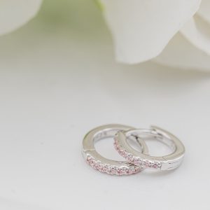 Sterling Silver Huggie Hoop Earrings with Pink CZs for Kids 10mm