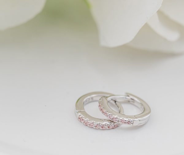 Sterling Silver Huggie Hoop Earrings with Pink CZs for Kids 10mm