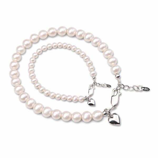 Mom and Me Pearl Bracelet Set with Silver Puff Hearts