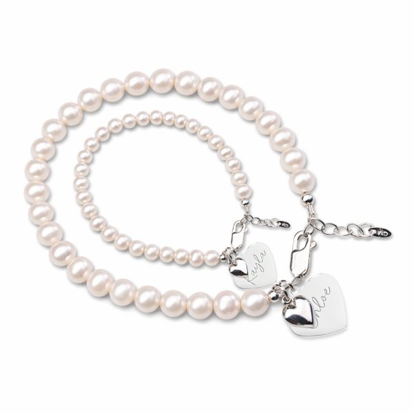 Mom and Me Pearl Bracelet Set with Silver Puff Hearts