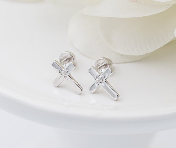 Eternal Brilliance Children’s Cross Earrings with Genuine Diamond