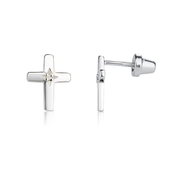 Sterling Silver Children's Cross Diamond Earrings - Cherished Moments Jewelry