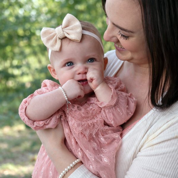 Mom and Me Pearl Bracelet Set with Silver Puff Hearts