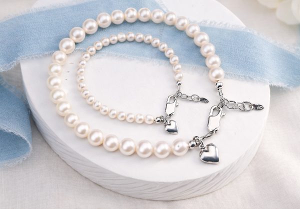 Mom and Me Pearl Bracelet Set with Silver Puff Hearts