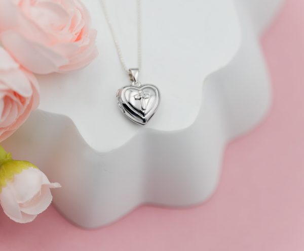 Sterling Silver Children’s Heart Locket with Cross and White Sapphire