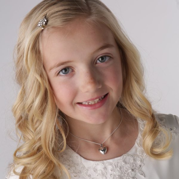 Sterling Silver Children’s Heart Locket with Cross and White Sapphire