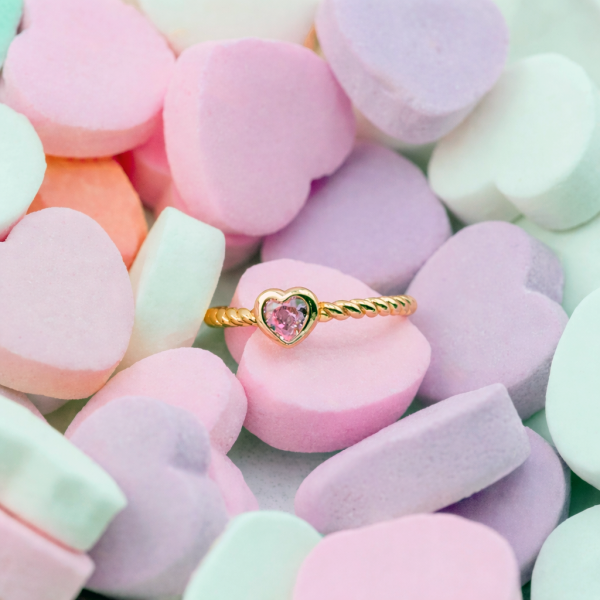14K Gold-Plated Rope Ring with Pink CZ Heart for Girls