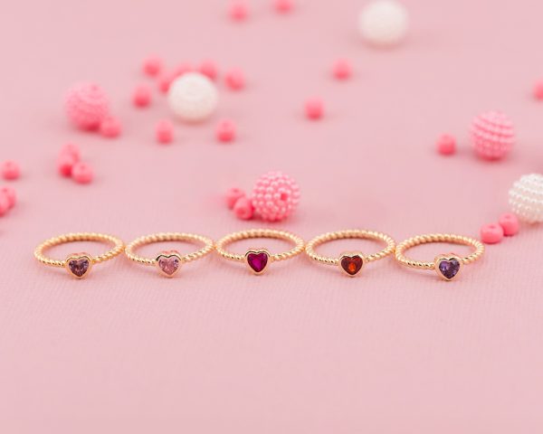 14K Gold-Plated Rope Ring with Pink CZ Heart for Girls