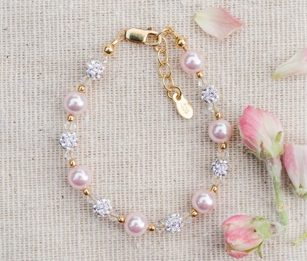 14K Gold Plated Children’s Bracelet with Simulated Pink Pearl and Sparkling Stardust Accents