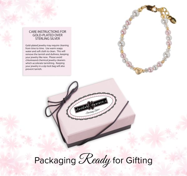 14K Gold-Plated Pink and White Pearl Heart Bracelet for Babies and Kids
