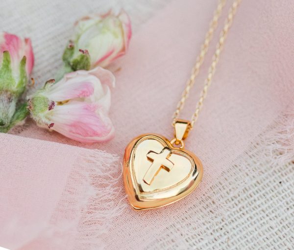 14K Gold Plated Children’s Heart Locket with Cross First Communion Gift