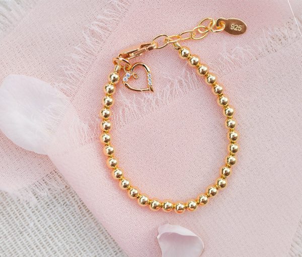 14K Gold-Plated Kids Bracelet with Heart Charm for Little Girls, Teens and Women